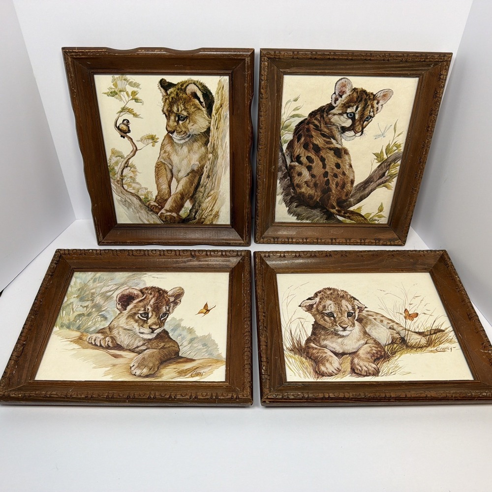 Vintage Paul Clancy Cougar Cub Wildlife Prints Set of 4 Rustic Cabin Lodge Wall